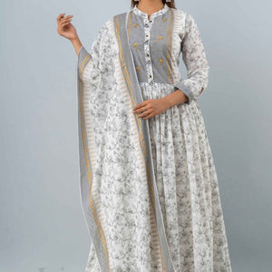 Women White & Grey Long Cotton Kurti with Dupatta