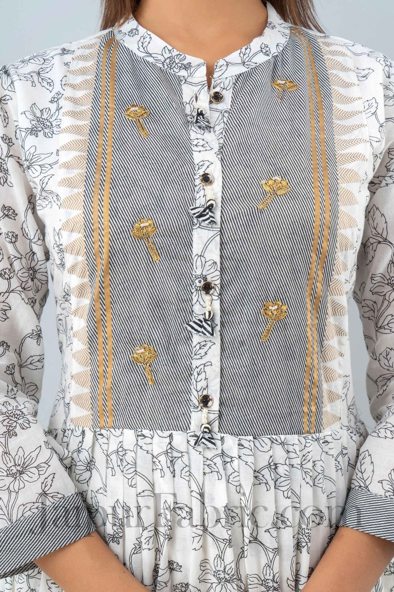 Women White & Grey Long Cotton Kurti with Dupatta
