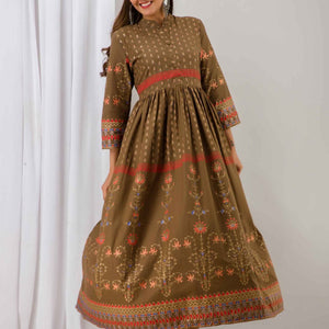 Women Brown Cotton Long Flared Kurti