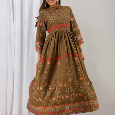 Women Brown Cotton Long Flared Kurti