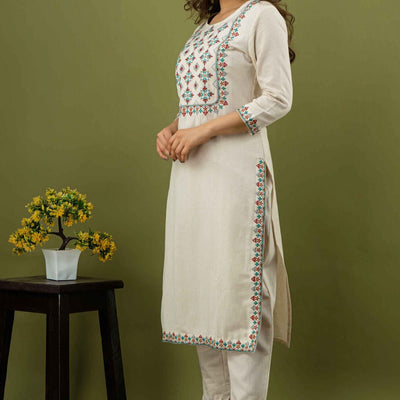 Women White Cotton Round Neck Kurti with Pant