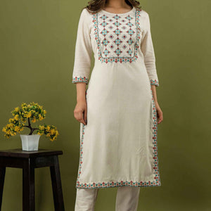 Women White Cotton Round Neck Kurti with Pant
