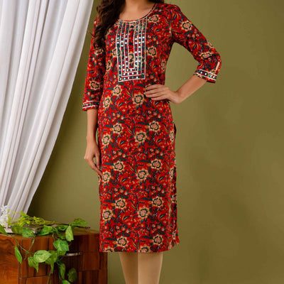 Women Floral Round Neck Cotton Kurti