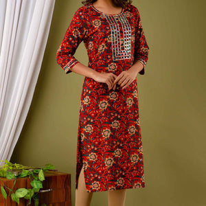 Women Floral Round Neck Cotton Kurti