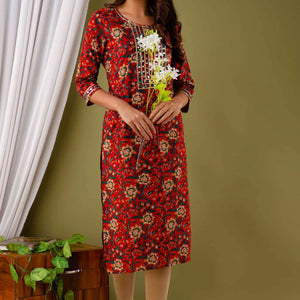 Women Floral Round Neck Cotton Kurti