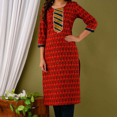 Women Red Cotton Floral Print Kurti with Pant