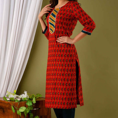 Women Red Cotton Floral Print Kurti with Pant