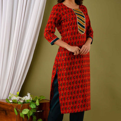 Women Red Cotton Floral Print Kurti with Pant