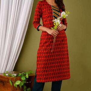 Women Red Cotton Floral Print Kurti with Pant
