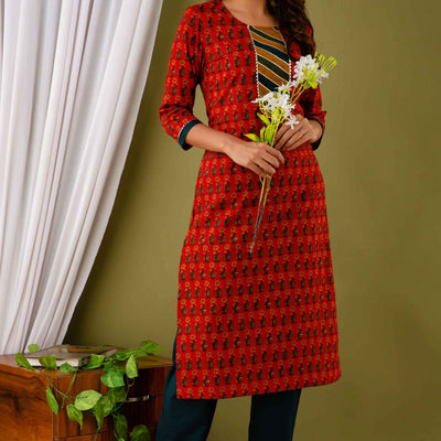 Women Red Cotton Floral Print Kurti with Pant