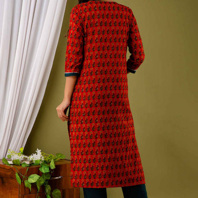 Women Red Cotton Floral Print Kurti with Pant