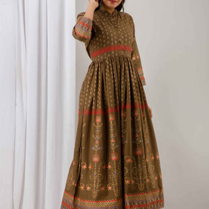 Women Brown Cotton Long Flared Kurti