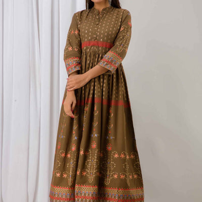 Women Brown Cotton Long Flared Kurti