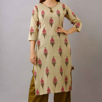 Women Dark Cream Cotton Kurti With Palazzo