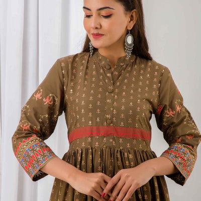 Women Brown Cotton Long Flared Kurti
