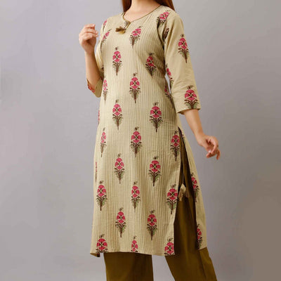 Women Dark Cream Cotton Kurti With Palazzo