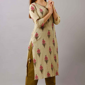 Women Dark Cream Cotton Kurti With Palazzo