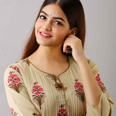 Women Dark Cream Cotton Kurti With Palazzo