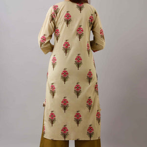 Women Dark Cream Cotton Kurti With Palazzo