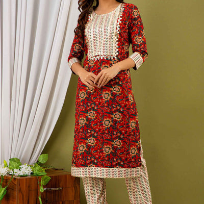Women Red Cotton Round Neck Kurti with Pant