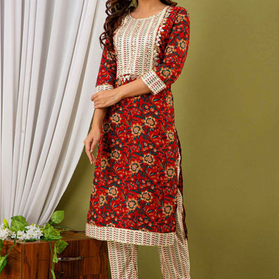 Women Red Cotton Round Neck Kurti with Pant