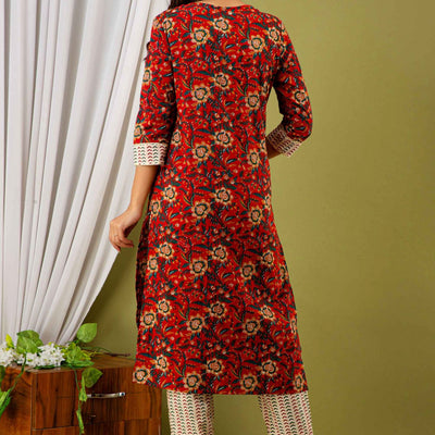 Women Red Cotton Round Neck Kurti with Pant