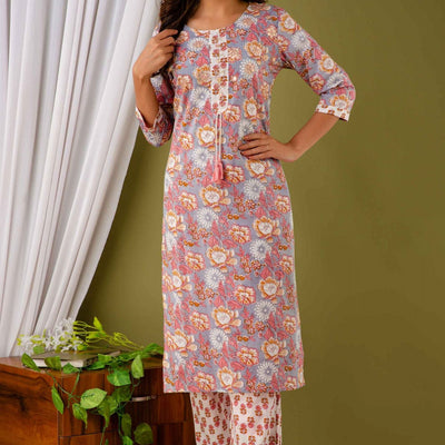 Women Colorful Foral Cotton Kurti with Pant