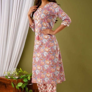 Women Colorful Foral Cotton Kurti with Pant
