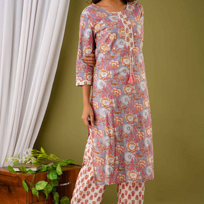 Women Colorful Foral Cotton Kurti with Pant
