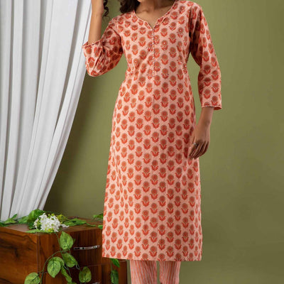 Women Peach Cotton Kurti with Pant & Dupatta