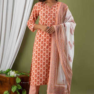 Women Peach Cotton Kurti with Pant & Dupatta