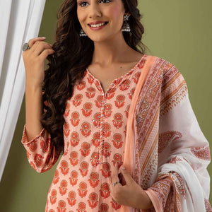 Women Peach Cotton Kurti with Pant & Dupatta