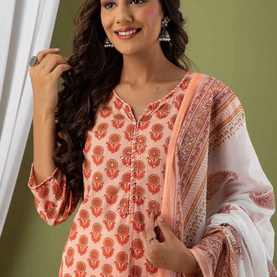 Women Peach Cotton Kurti with Pant & Dupatta
