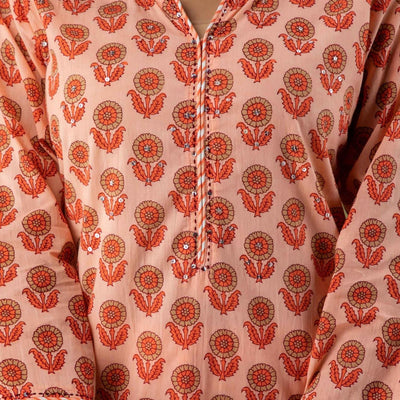 Women Peach Cotton Kurti with Pant & Dupatta
