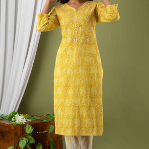 Women Yellow Paisley Print Cotton Kurti with Pant & Dupatta