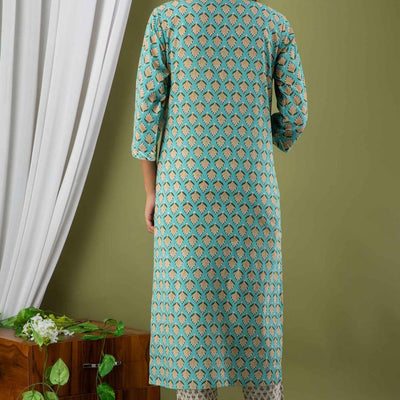 Women Sea Green Cotton Kurti with Pant & Dupatta