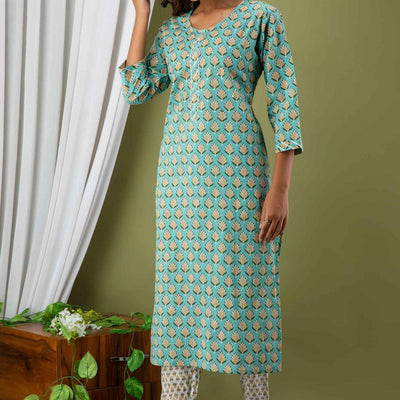 Women Sea Green Cotton Kurti with Pant & Dupatta