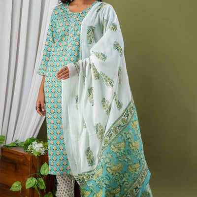 Women Sea Green Cotton Kurti with Pant & Dupatta
