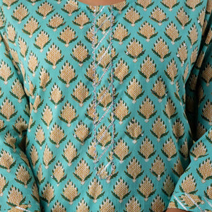 Women Sea Green Cotton Kurti with Pant & Dupatta