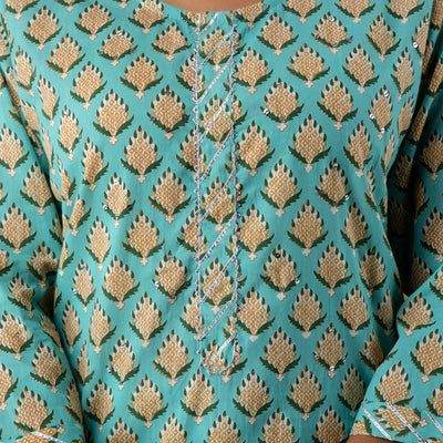 Women Sea Green Cotton Kurti with Pant & Dupatta