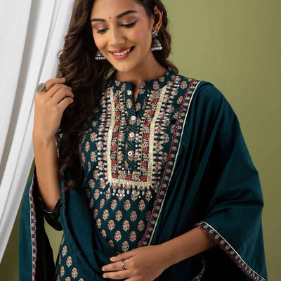 Women Cotton Foil Print Kurti with Pant & Dupatta