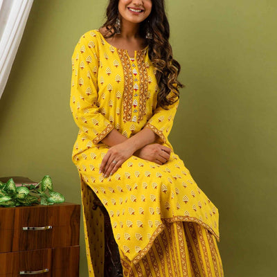 Women Yellow Cotton Kurti With Palazzo