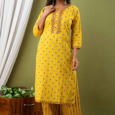 Women Yellow Cotton Kurti With Palazzo