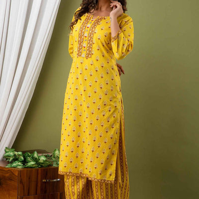 Women Yellow Cotton Kurti With Palazzo
