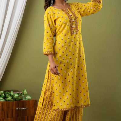 Women Yellow Cotton Kurti With Palazzo