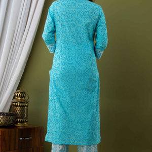 Women Blue Cotton Floral Print Kurti with Pant