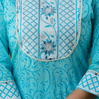 Women Blue Cotton Floral Print Kurti with Pant