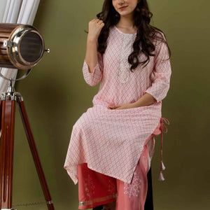 Women Peach Cotton Kurti With Palazzo