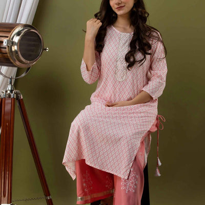Women Peach Cotton Kurti With Palazzo