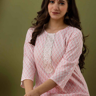 Women Peach Cotton Kurti With Palazzo